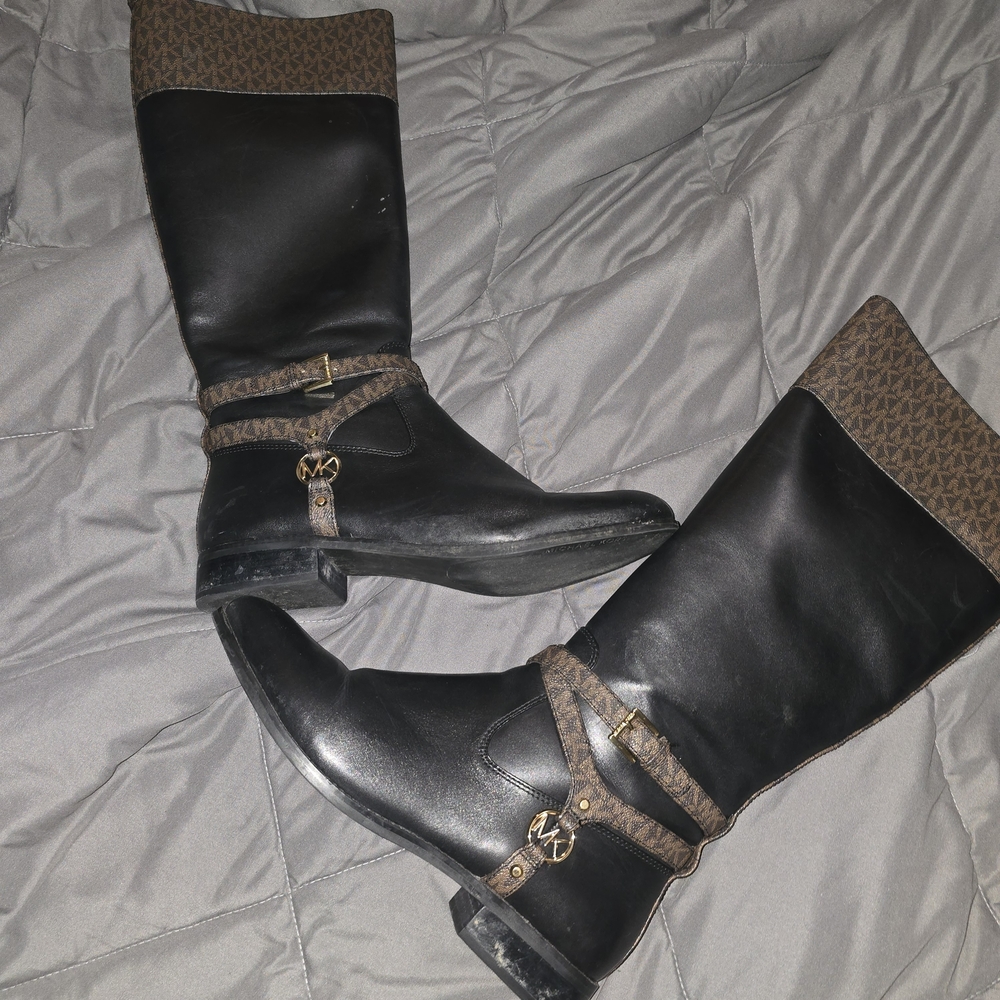 Michael Kors Black Leather Logo-Trim Riding Boots